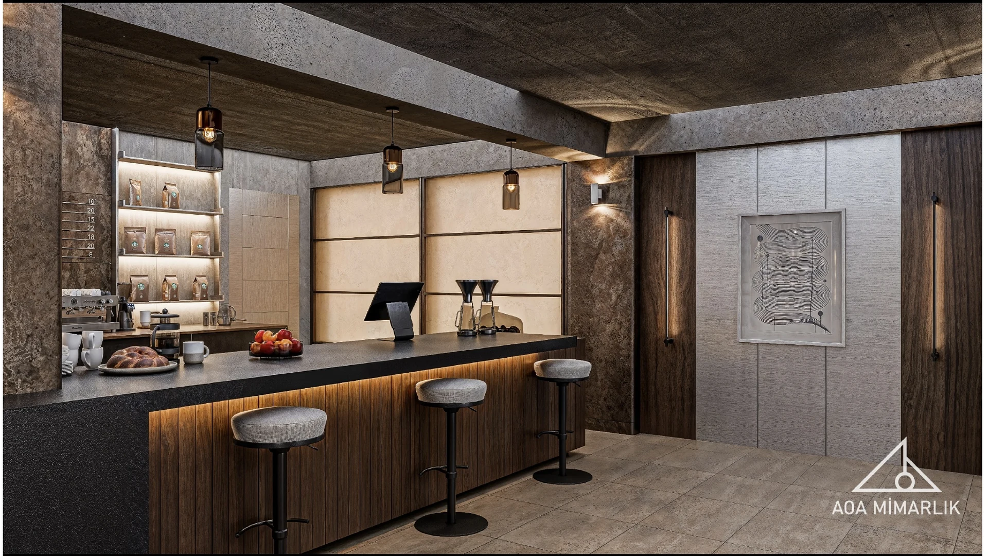 BOB privé kafe ve restoran bar alanının mimari görünümü