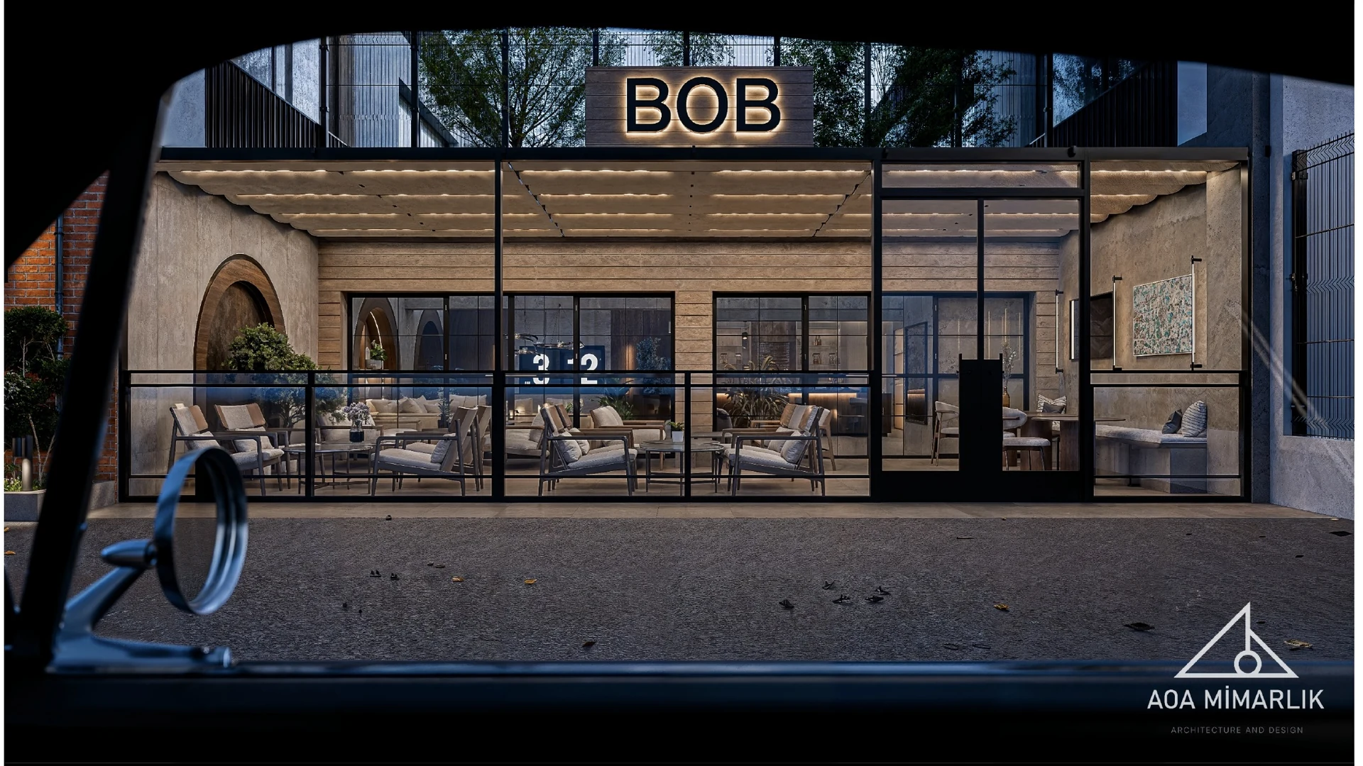 BOB privé kulüp girişinin gece mimari görünümü